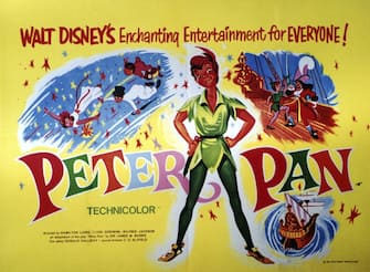 Peter Pan, poster, from left: Wendy Darling, John Darling, Michael Darling, , , Captain Hook, 1953. (Photo by LMPC via Getty Images)