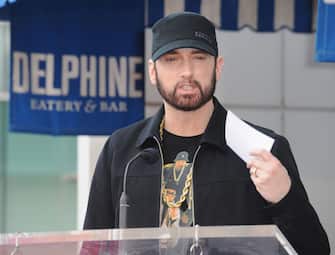 HOLLYWOOD, CALIFORNIA - JANUARY 30: Eminem attends a ceremony honoring Curtis "50 Cent" Jackson with a star on the Hollywood Walk of Fame on January 30, 2020 in Hollywood, California. (Photo by Albert L. Ortega/Getty Images)