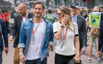 MONTE-CARLO, MONACO - MAY 27:  (L-R) Francesco Totti and wife Ilary Blasi are seen during the Monaco Formula One Grand Prix at Circuit de Monaco on May 27, 2018 in Monte-Carlo, Monaco.  (Photo by Marc Piasecki/WireImage)