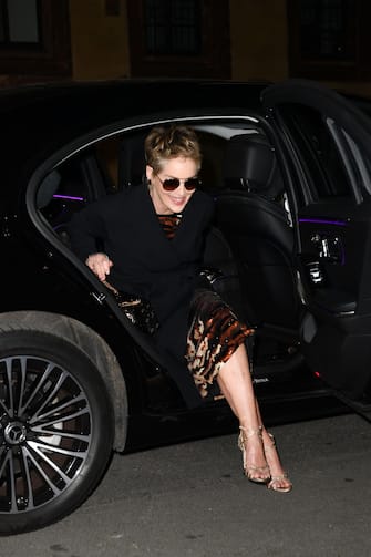 MILAN, ITALY - FEBRUARY 26: Sharon Stone is seen arriving at Dolce Gabbana party during the Milan Fashion Week Fall/Winter 2022/2023 on February 26, 2022 in Milan, Italy. (Photo by Jacopo Raule/GC Images)