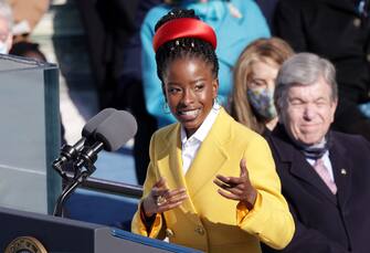 WASHINGTON, DC - JANUARY 20: Youth Poet Laureate Amanda Gorman speaks during the inauguration of U.S. President Joe Biden on the West Front of the U.S. Capitol on January 20, 2021 in Washington, DC.  During today's inauguration ceremony Joe Biden becomes the 46th president of the United States. (Photo by Alex Wong/Getty Images)