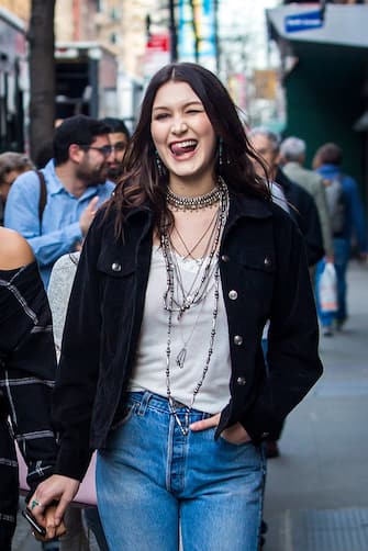 NEW YORK, NY - APRIL 02:  Bella Hadid is seen walking in West Village while taking break from photo shoot for Denim Supply Co on April 2, 2015 in New York City.  (Photo by Alessio Botticelli/GC Images)