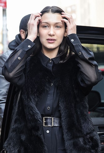 NEW YORK, NY - FEBRUARY 15: Bella Hadid is seen outside the DKNY show on February 15, 2015 in New York City.  (Photo by Daniel Zuchnik / GC Images)