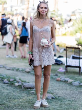 INDIO, CA - APRIL 16: Chiara Ferragni wearing a sheer dress at the Revovle Festival during day 3 of the 2017 Coachella Valley Music & Arts Festival Weekend 1 on April 16, 2017 in Indio, California. (Photo by Christian Vierig/GC Images)