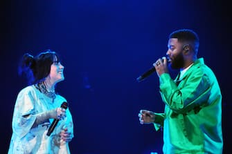 INDIO, CALIFORNIA - APRIL 16: (L-R) Billie Eilish and Khalid perform onstage at the Coachella Stage during the 2022 Coachella Valley Music And Arts Festival on April 16, 2022 in Indio, California. (Photo by Kevin Mazur/Getty Images for ABA)