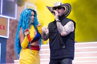 INDIO, CALIFORNIA - APRIL 24: Singers Karol G and J Balvin performs on the Main Stage during Weekend 2, Day 2 of the 2022 Coachella Valley Music & Arts Festival on April 24, 2022 in Indio, California. (Photo by Scott Dudelson/Getty Images for Coachella)