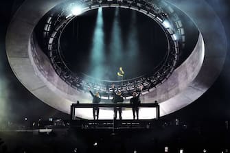 INDIO, CALIFORNIA - APRIL 17: (L-R) Axwell and Sebastian Ingrosso of Swedish House Mafia, The Weeknd, and Steve Angello of Swedish House Mafia perform onstage at the Coachella Stage during the 2022 Coachella Valley Music And Arts Festival on April 17, 2022 in Indio, California. (Photo by Kevin Mazur/Getty Images for ABA)