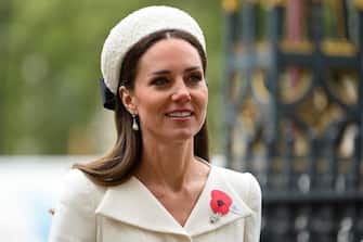 Britain's Catherine, Duchess of Cambridge, arrives to attend a service of commemoration and thanksgiving to mark Anzac Day in Westminster Abbey in London on April 25, 2022. - Anzac Day commemorates Australian and New Zealand casualties and veterans of conflicts and marks the anniversary of the landings in the Dardanelles on April 25, 1915 that would signal the start of the Gallipoli Campaign during the First World War. (Photo by Daniel LEAL / AFP) (Photo by DANIEL LEAL/AFP via Getty Images)