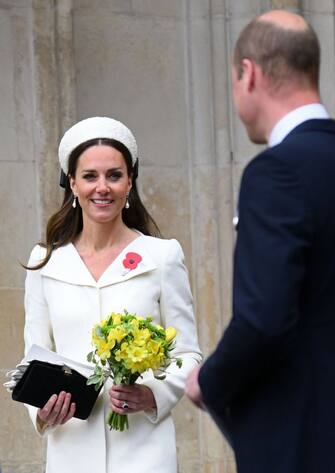 Britain's Catherine, Duchess of Cambridge and Britain's Prince William, Duke of Cambridge leave after attending a service of commemoration and thanksgiving to mark Anzac Day in Westminster Abbey in London on April 25, 2022. - Anzac Day commemorates Australian and New Zealand casualties and veterans of conflicts and marks the anniversary of the landings in the Dardanelles on April 25, 1915 that would signal the start of the Gallipoli Campaign during the First World War. (Photo by Daniel LEAL / AFP) (Photo by DANIEL LEAL/AFP via Getty Images)