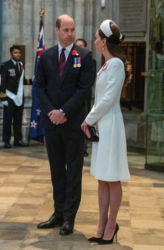 Britain's Prince William, Duke of Cambridge and Britain's Catherine, Duchess of Cambridge attend a service of commemoration and thanksgiving to mark Anzac Day in Westminster Abbey in London on April 25, 2022. - Anzac Day commemorates Australian and New Zealand casualties and veterans of conflicts and marks the anniversary of the landings in the Dardanelles on April 25, 1915 that would signal the start of the Gallipoli Campaign during the First World War. (Photo by Roland Hoskins / POOL / AFP) (Photo by ROLAND HOSKINS/POOL/AFP via Getty Images)