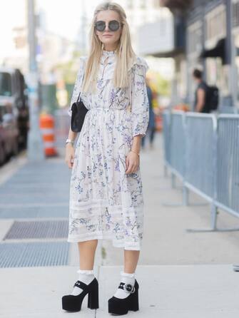 NEW YORK, NY - SEPTEMBER 11: Marina Ilic wearing a dress, platform sandals seen in the streets of Manhattan outside Zimmermann during New York Fashion Week on September 11, 2017 in New York City. (Photo by Christian Vierig/Getty Images)