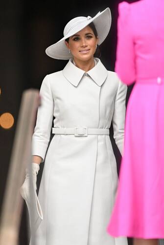 LONDON, ENGLAND - JUNE 03: Meghan, Duchess of Sussex departs after the National Service of Thanksgiving at St Paulâ  s Cathedral on June 03, 2022 in London, England. The Platinum Jubilee of Elizabeth II is being celebrated from June 2 to June 5, 2022, in the UK and Commonwealth to mark the 70th anniversary of the accession of Queen Elizabeth II on 6 February 1952.  (Photo by Samir Hussein/WireImage,)