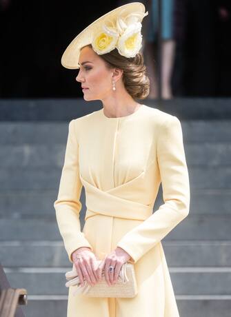 LONDON, ENGLAND - JUNE 03: Catherine, Duchess of Cambridge attends the National Service of Thanksgiving at St Paul's Cathedral on June 03, 2022 in London, England. The Platinum Jubilee of Elizabeth II is being celebrated from June 2 to June 5, 2022, in the UK and Commonwealth to mark the 70th anniversary of the accession of Queen Elizabeth II on 6 February 1952.  on June 03, 2022 in London, England. The Platinum Jubilee of Elizabeth II is being celebrated from June 2 to June 5, 2022, in the UK and Commonwealth to mark the 70th anniversary of the accession of Queen Elizabeth II on 6 February 1952. (Photo by Samir Hussein/WireImage,)