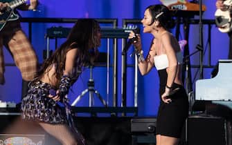 GLASTONBURY, ENGLAND - JUNE 25: Olivia Rodrigo and Lily Allen perform on the Other stage during day four of Glastonbury Festival at Worthy Farm, Pilton on June 25, 2022 in Glastonbury, England. (Photo by Joseph Okpako/WireImage)