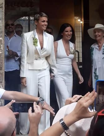 Paola Turci (D) and Francesca Pascale, who said yes in Montalcino (Siena), July 02, 2022. The rite of civil union was celebrated at the Palazzo dei Priori, the historic seat of the Sienese municipality famous for its magnificent Brunello.  Dealing