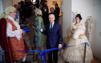 NAPLES, ITALY - MAY 30: The designer Renato Balestra (2nd R) attends the opening of the exhibition "Celeblueation" at Certosa e Museo di San Martino on May 30, 2019 in Naples, Italy. The exhibition is dedicated to the activity of Renato Balestra, a fashion stylist, icon of the "Made in Italy".  (Photo by Ivan Romano/Getty Images)