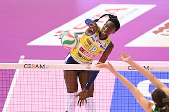 Volleyball Italian Serie A1 Women match - Megabox Ondulati Del Savio Vallefoglia vs Prosecco Doc Imoco Conegliano Attack of Paola Egonu #18 (Prosecco Doc Imoco Volley Conegliano) during Megabox Ondulati Del Savio Vallefoglia vs Prosecco Doc Imoco Conegliano, Volleyball Italian Serie A1 Women match in Pesaro, Italy, February 23 2022