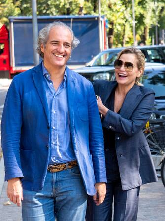 MILAN, ITALY - SEPTEMBER 19: Simona Ventura and husband Giovanni Terzi are seen during the Milan Fashion Week Spring/Summer 2020 on September 19, 2019 in Milan, Italy. (Photo by Arnold Jerocki/GC Images)