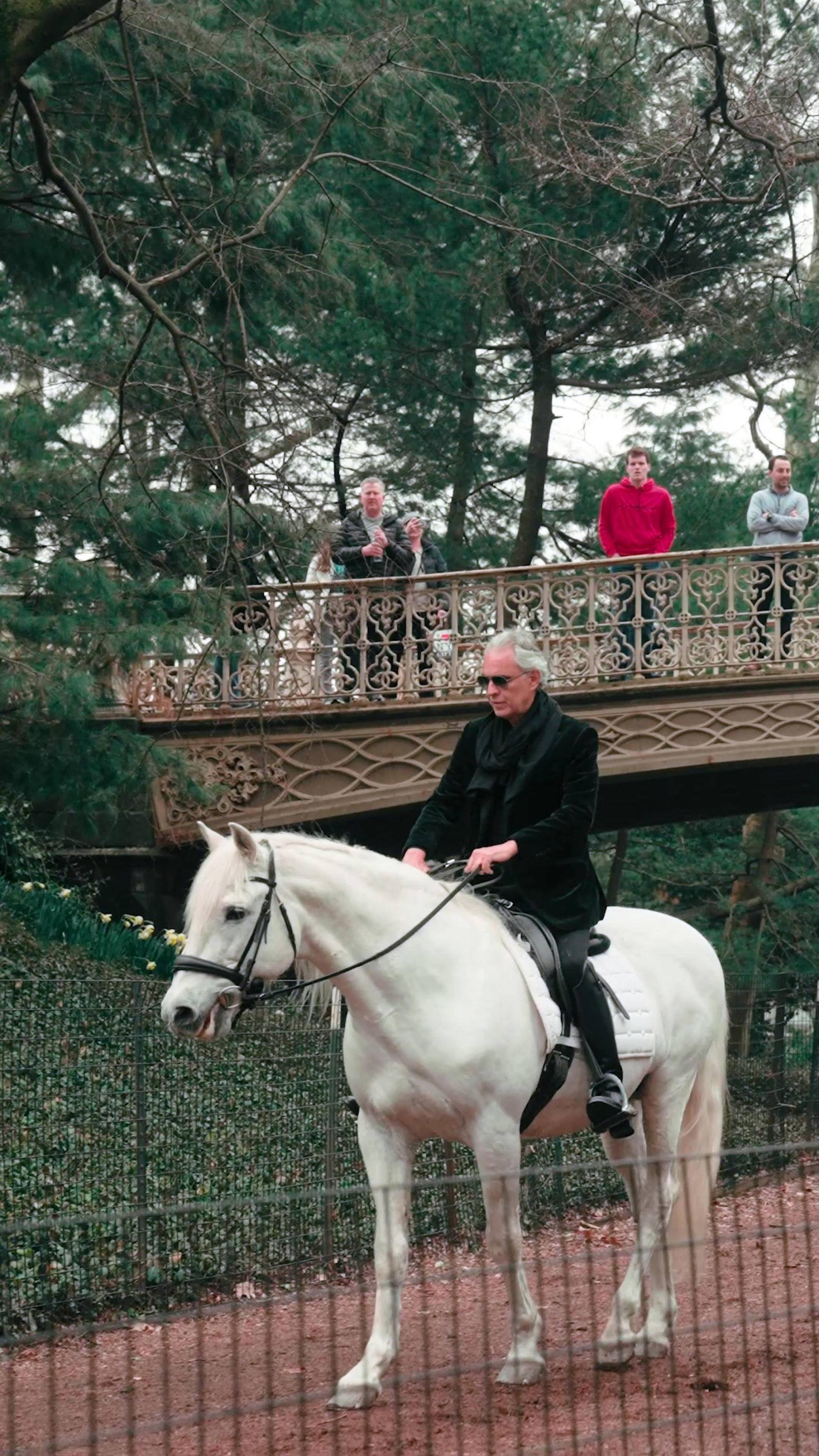 Partito da Central Park, Bocelli è arrivato a cavallo a Times Square tra le ovazioni dei presenti Bocelli a cavallo si esibisce a sorpresa a Times Square