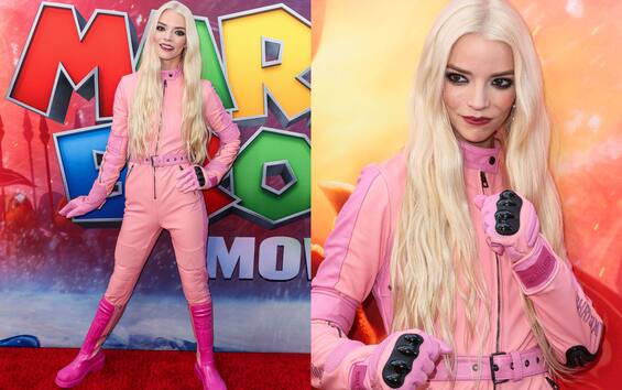 Anya Taylor-Joy, in a pink biker suit at the Super Mario Bros. – The Movie premiere