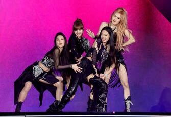INDIO, CALIFORNIA - APRIL 15: (LR) Jisoo, Lisa, Jennie, and RosÃ© of BLACKPINK perform at the Coachella Stage during the 2023 Coachella Valley Music and Arts Festival on April 15, 2023 in Indio, California.  (Photo by Frazer Harrison/Getty Images for Coachella)