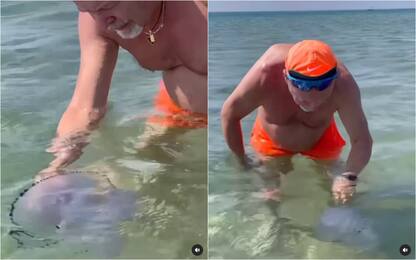 Vasco Rossi gioca in mare con una medusa a Castellaneta Marina. VIDEO