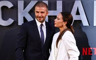 epa10897928 British former soccer player David Beckham (L) and his wife, British fashion designer Victoria Beckham attend the premiere of 'Beckham' at the Curzon Mayfair, London, Britain, 03 October 2023. The four-part documentary series launches on Netflix on 04 October 2023.  EPA/Tolga Akmen