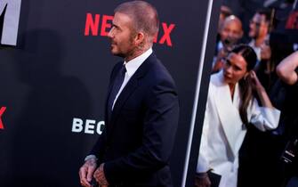 epa10898037 British former soccer player David Beckham (L) and his wife, British fashion designer Victoria Beckham attend the premiere of 'Beckham' at the Curzon Mayfair, London, Britain, 03 October 2023. The four-part documentary series launches on Netflix on 04 October 2023.  EPA/Tolga Akmen