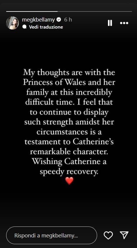 Il messaggio di Meg Bellamy per la Principessa di Galles Kate Middleton