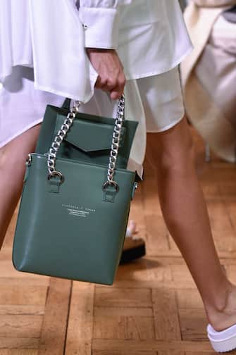PARIS, FRANCE - SEPTEMBER 29: A model, bag detail, walks the runway during the Victoria/Tomas Womenswear Spring/Summer 2021 show as part of Paris Fashion Week on September 29, 2020 in Paris, France. (Photo by Peter White/Getty Images)