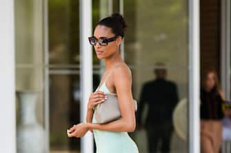 CANNES, FRANCE - MAY 19: Cindy Bruna is seen during the 75th annual Cannes film festival at  on May 19, 2022 in Cannes, France. (Photo by Edward Berthelot/GC Images)