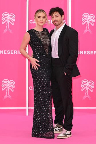 CANNES, FRANCE - APRIL 06: Valentina Ferragni and Luca Vezil  attend the pink carpet during the 5th Canneseries Festival - Day Six on April 06, 2022 in Cannes, France. (Photo by Stephane Cardinale - Corbis/Corbis via Getty Images)