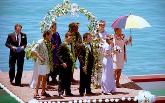 Honolulu, Hawaii 7-1999 First day of filming "BayWatch Hawaii. The Wedding scene in front of the Hilton Hawaiian Village Hotel. David Hasselhoff along with Jeremy Jackson, Brooke Burns and Nicole Eggert during the wedding on a Hawaiian longboat. Credit: Mark Reinstein (Photo by Mark Reinstein/Corbis via Getty Images)