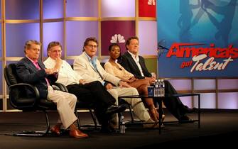 PASADENA, CA - JULY 21:  Host Regis Philbin, executive producer Ken Warwick, judges David Hasselhoff, Brandy and Piers Morgan of the show "America's Got Talent" attend the 2006 Summer Television Critics Association Press Tour for the NBC Network at the Ritz-Carlton Huntington Hotel on July 21, 2006 in Pasadena, California.  (Photo by Frederick M. Brown/Getty Images)