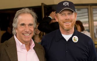 WESTWOOD, CA - APRIL 20:  Actors Henry Winkler and Ron Howard attend "A Plumm Summer" Premiere at the Mann Bruin Theater on April 19, 2008 in Westwood, California  (Photo by Michael Bezjian/WireImage) 