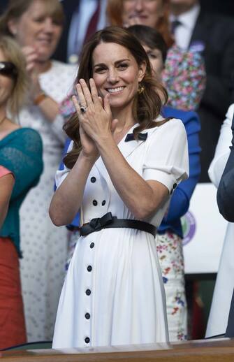 LONDON, ENGLAND - JULY 02: Catherine, Duchess of Cambridge applauds the players on Centre Court form the Royal Box during Day Two of The Championships - Wimbledon 2019 at All England Lawn Tennis and Croquet Club on July 2, 2019 in London, England. (Photo by Visionhaus/Getty Images)