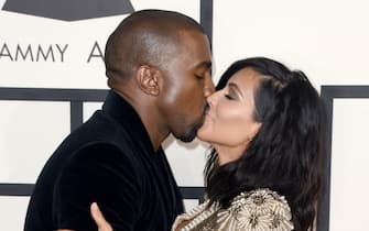File photo dated February 8, 2015 of Kanye West and Kim Kardashian attend the 57th Annual Grammy Awards at the Staples Center in Los Angeles, CA, USA. US rapper Kanye West took to Twitter over the weekend to announce he was running for president, with his declaration quickly going viral and prompting a flurry of speculation. His wife Kim Kardashian West and entrepreneur Elon Musk endorsed him. Photo by Lionel Hahn/ABACAPRESS.COM