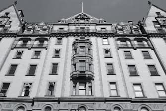 New York City, United States - old building in Midtown Manhattan. Dakota building. Black and white tone - retro monochrome color style.