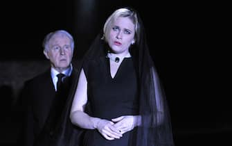 Tim Pigott-Smith as Charles and Katie Brayben as Ghost in Mike Bartlett's King Charles III directed by Rupert Goold at the Almeida Theatre in London. (Photo by robbie jack/Corbis via Getty Images)