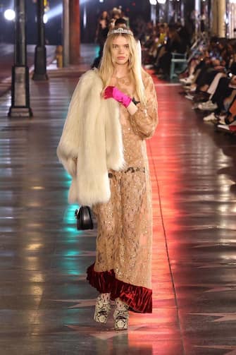 HOLLYWOOD, CALIFORNIA - NOVEMBER 02: A model walks the runway at the 2021 Gucci Love Parade down Hollywood Boulevard on November 02, 2021 in Hollywood, California. (Photo by Taylor Hill/WireImage)