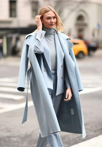 NEW YORK, NEW YORK - FEBRUARY 07: Karlie Kloss is seen wearing a baby blue Ralph Lauren outfit outside the Ralph Lauren show during New York Fashion Week: Women's Fall/Winter 2019 on February 07, 2019 in New York City. (Photo by Daniel Zuchnik/Getty Images)