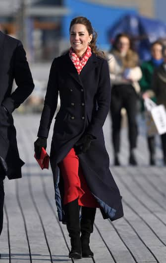 SWANSEA, ENGLAND - FEBRUARY 04: Catherine, Duchess of Cambridge accompanied by Prince William, Duke of Cambridge visits the Royal National Lifeboat Institution (RNLI) Mumbles Lifeboat station on Mumbles Pier in Swansea on February 04, 2020 in Swansea. (Photo by Karwai Tang/WireImage)