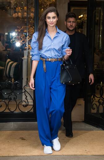 NEW YORK, NY - FEBRUARY 07:  Model Taylor Marie Hill is seen leaving Ralph Lauren Spring/Summer 2019 fashion show during New York Fashion Week at Ralph's Coffee at Ralph Lauren Flagship store on 888 Madison Avenue on February 7, 2019 in New York City.  (Photo by Gilbert Carrasquillo/GC Images)