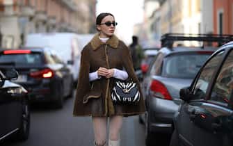 MILAN, ITALY - FEBRUARY 21: Mary Leest is seen wearing Tods bag and Gucci tights before Tods during Milan Fashion Week Fall/Winter 2020-2021 on February 21, 2020 in Milan, Italy. (Photo by Jeremy Moeller/Getty Images)