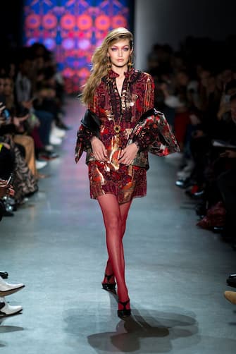 NEW YORK, NY - FEBRUARY 12:  Gigi Hadid walks the runway during the Anna Sui fashion show during New York Fashion Week at Gallery I at Spring Studios on February 12, 2018 in New York City.  (Photo by Michael Stewart/WireImage)