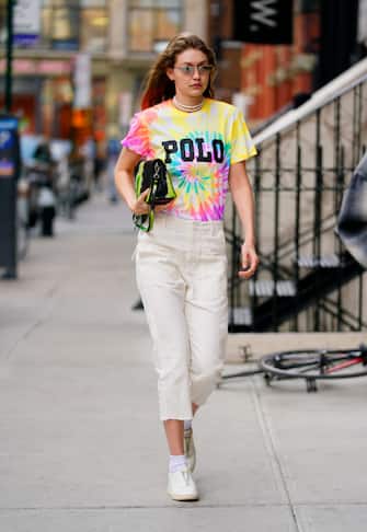 NEW YORK, NY - MARCH 30:  Gigi Hadid wears a tie-dyed shirt on March 30, 2019 in New York City.  (Photo by Gotham/GC Images)