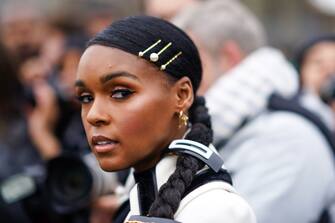 PARIS, FRANCE - FEBRUARY 28: Janelle Monae wears golden earrings, pearl hair clips, outside Balmain, during Paris Fashion Week - Womenswear Fall/Winter 2020/2021, on February 28, 2020 in Paris, France. (Photo by Edward Berthelot/Getty Images)