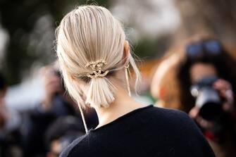 PARIS, FRANCE - MARCH 03: Linda Tol, Chanel hair clip detail, is seen outside Chanel, during Paris Fashion Week - Womenswear Fall/Winter 2020/2021 : Day Nine on March 03, 2020 in Paris, France. (Photo by Claudio Lavenia/Getty Images)