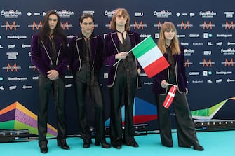ROTTERDAM, NETHERLANDS - MAY 16, 2021: Members of the rock band Maneskin representing Italy pose during a ceremony to open the 2021 Eurovision Song Contest at the Rotterdam Cruise Terminal. Vyacheslav Prokofyev/TASS (Photo by Vyacheslav Prokofyev\TASS via Getty Images)