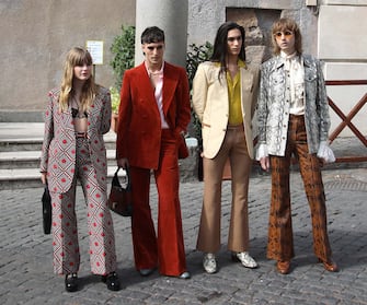 ROME, ITALY - JULY 27,2021: Members of the Maneskin band arrive in Rome's city hall Campidoglio to receive the Lupa Capitolina (She-wolf Capitoline) award in Rome (Photo credit should read Marco Ravagli/Barcroft Media via Getty Images)